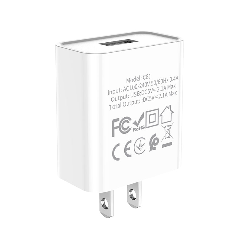 Wall charger single USB output 2.1A